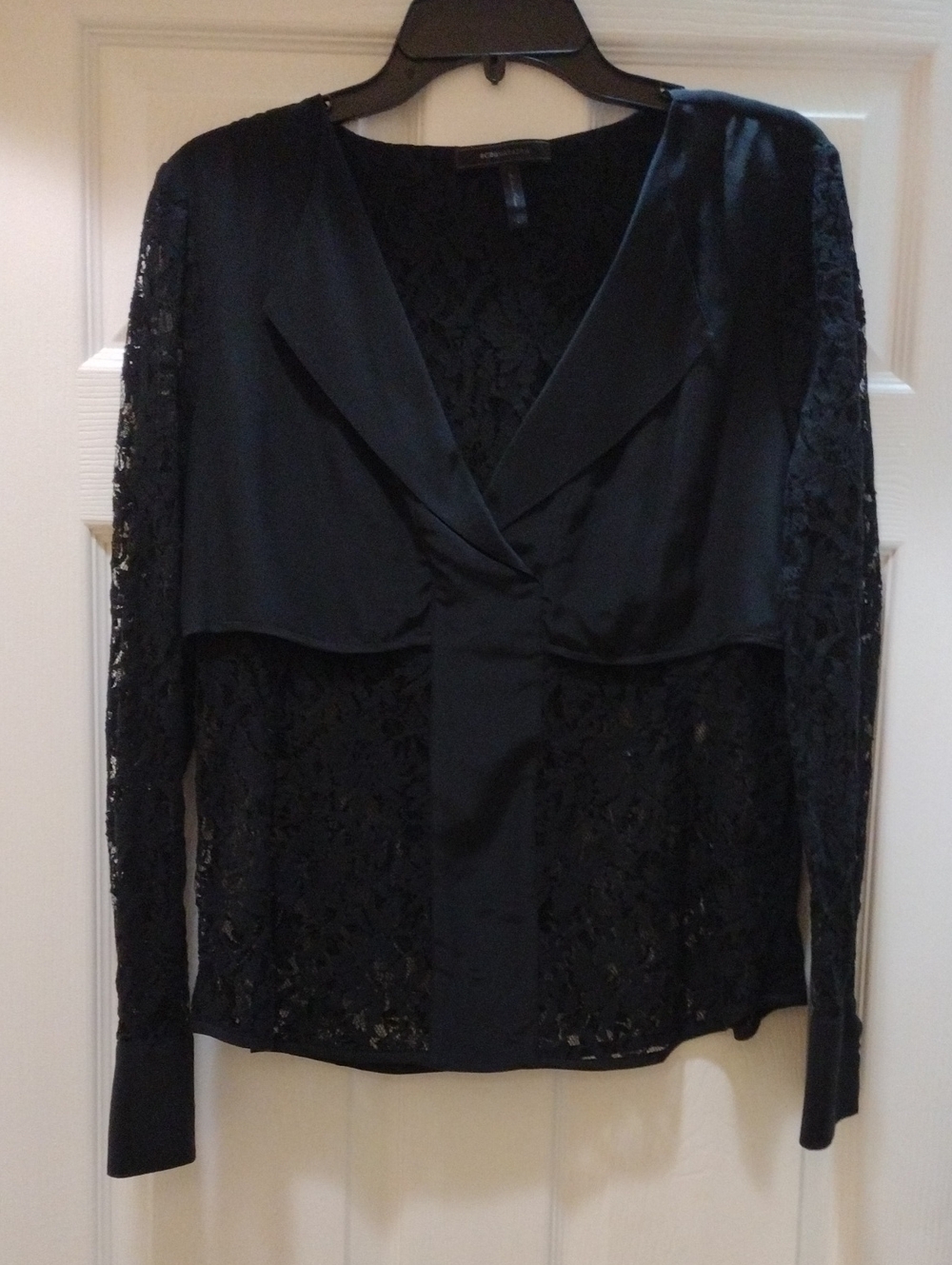 BCBGMaxAzria Black Lace V-Neck Blouse with Silk Trim
